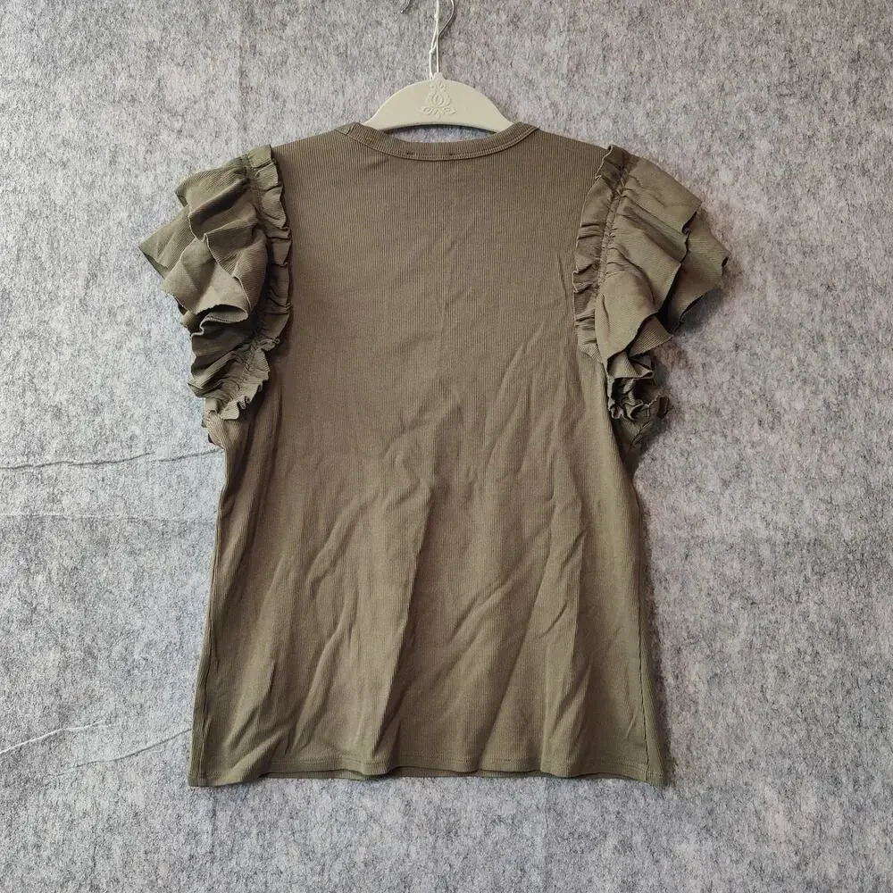 Express Coastal Island Vacation Ribbed Fairy Ruffle Romantic Artsy Sleeve Top - Picture 2 of 6